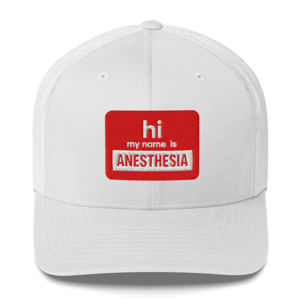 Hi my name is Anesthesia White + Red Trucker Hat